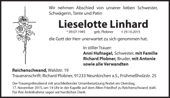 Traueranzeige von Lieselotte Linhard von Hersbrucker Zeitung