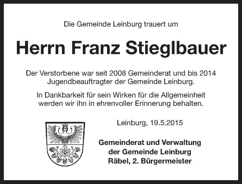  Traueranzeige für Franz Stieglbauer vom 20.05.2015 aus Pegnitz-Zeitung