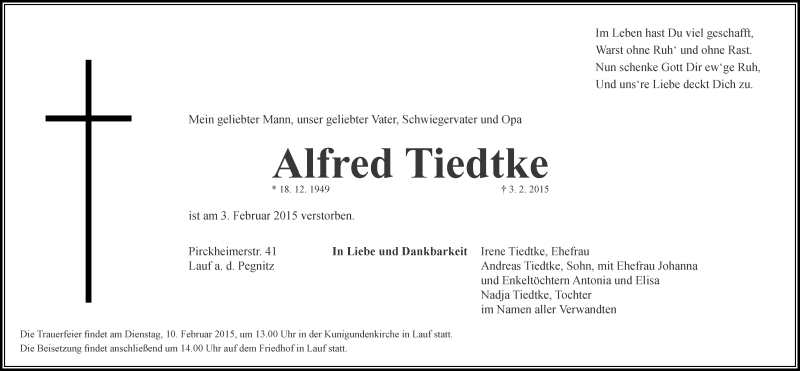  Traueranzeige für Alfred Tiedtke vom 07.02.2014 aus Pegnitz-Zeitung