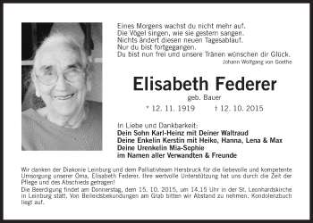 Traueranzeige von Elisabeth Federer von Der Bote