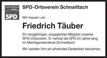 Traueranzeige von Friedrich Täuber von Pegnitz-Zeitung