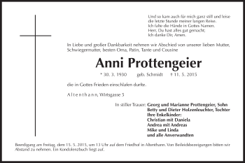 Traueranzeige von Anni Prottengeier von Der Bote