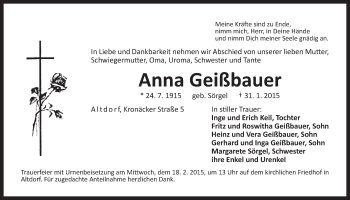 Traueranzeige von Anna Geißbauer von Der Bote