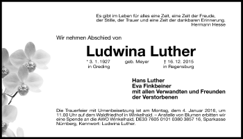 Traueranzeige von Ludwina Luther von Der Bote