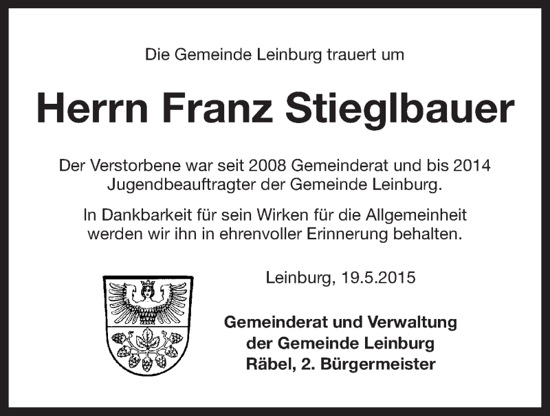  Traueranzeige für Franz Stieglbauer vom 20.05.2015 aus Der Bote