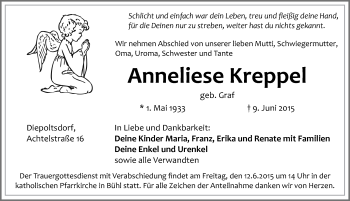 Traueranzeige von Anneliese Kreppel von Pegnitz-Zeitung