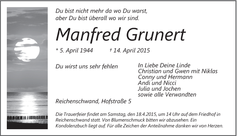  Traueranzeige für Manfred Grunert vom 17.04.2015 aus Hersbrucker Zeitung