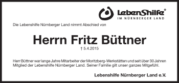 Traueranzeige von Fritz Büttner von Pegnitz-Zeitung