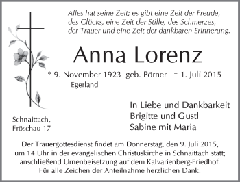 Traueranzeige von Anna Lorenz von Pegnitz-Zeitung