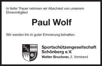Traueranzeige von Paul Wolf von Pegnitz-Zeitung