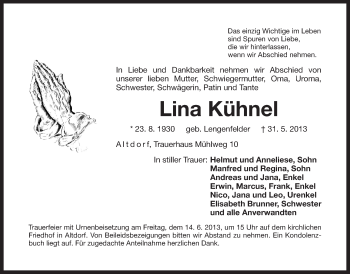 Traueranzeige von Lina Kühnel von Der Bote