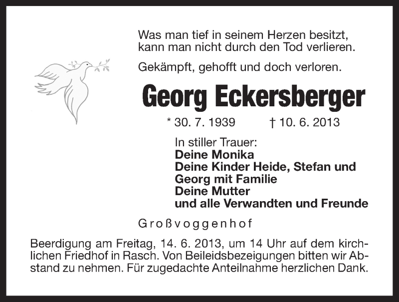  Traueranzeige für Georg Eckersberger vom 12.06.2013 aus Der Bote