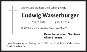 Traueranzeige von Ludwig Wasserburger von Der Bote
