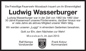 Traueranzeige von Ludwig Wasserburger von Der Bote
