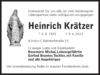 Traueranzeige von Heinrich Krätzer von Der Bote