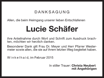 Traueranzeige von Lucie Schäfer von Der Bote
