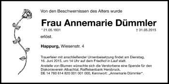 Traueranzeige von Annemarie Dümmler von Hersbrucker Zeitung