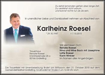 Traueranzeige von Karlheinz Roesel von Pegnitz-Zeitung