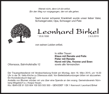 Traueranzeige von Leonhard Birkel von Pegnitz-Zeitung