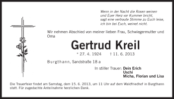 Traueranzeige von Gertrud Kreil von Der Bote