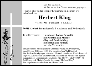 Traueranzeige von Herbert Klug von Der Bote