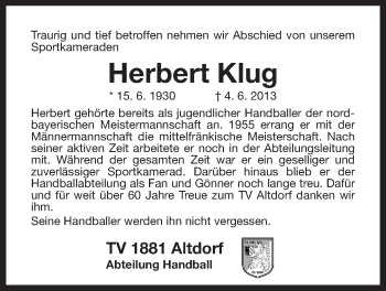 Traueranzeige von Herbert Klug von Der Bote