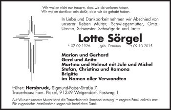 Traueranzeige von Lotte Sörgel von Hersbrucker Zeitung