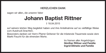 Traueranzeige von Johann Baptist Rittner von Der Bote