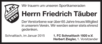 Traueranzeige von Friedrich Täuber von Pegnitz-Zeitung
