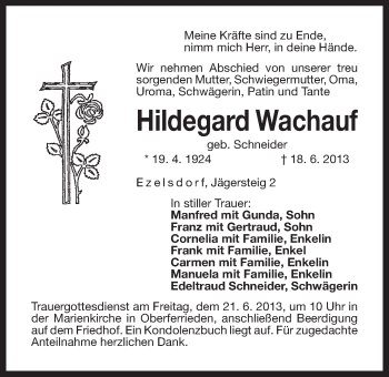 Traueranzeige von Hildegard Wachauf von Der Bote