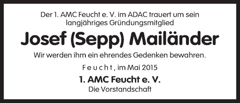  Traueranzeige für Josef Mailänder vom 19.05.2015 aus Der Bote