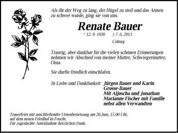 Traueranzeige von Renate Bauer von Der Bote