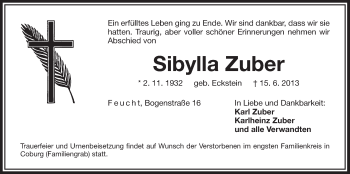 Traueranzeige von Sibylla Zuber von Der Bote