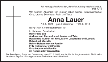 Traueranzeige von Anna Lauer von Der Bote