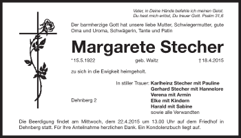 Traueranzeige von Margarete Stecher von Pegnitz-Zeitung