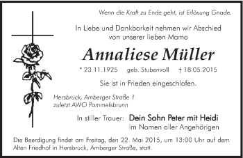 Traueranzeige von Annaliese Müller von Hersbrucker Zeitung