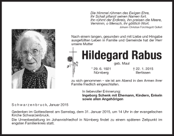 Traueranzeige von Hildegard Rabus von Der Bote