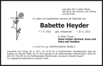 Traueranzeige von Babette Heyder von Der Bote