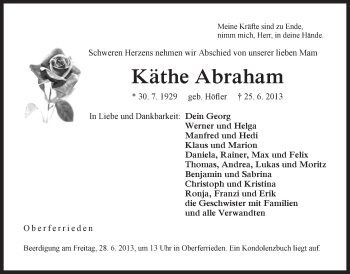 Traueranzeige von Käthe Abraham von Der Bote