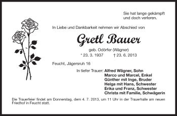 Traueranzeige von Gretl Bauer von Der Bote