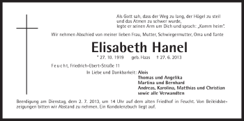 Traueranzeige von Elisabeth Hanel von Der Bote