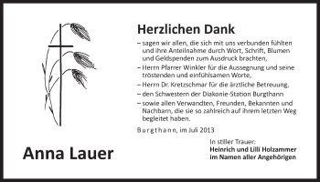 Traueranzeige von Anna Lauer von Der Bote