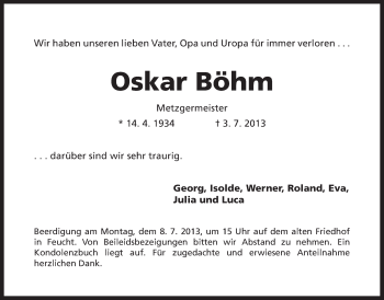 Traueranzeige von Oskar Böhm von Der Bote