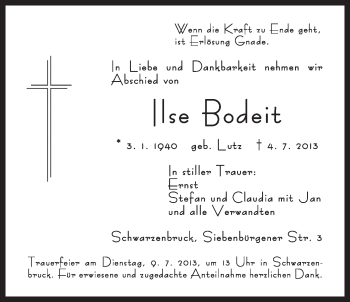 Traueranzeige von Ilse Bodeit von Der Bote