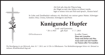 Traueranzeige von Kunigunde Hupfer von Der Bote