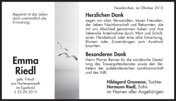 Traueranzeige von Emma Riedl von Pegnitz-Zeitung