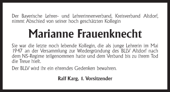 Traueranzeige von Marianne Frauenknecht von Der Bote
