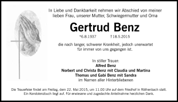Traueranzeige von Gertrud Benz von Pegnitz-Zeitung