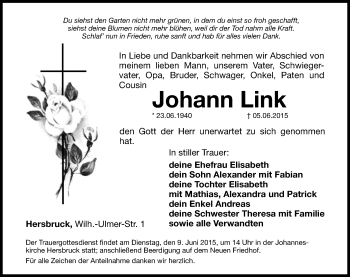 Traueranzeige von Johann Link von Hersbrucker Zeitung