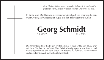 Traueranzeige von Georg Schmidt von Pegnitz-Zeitung